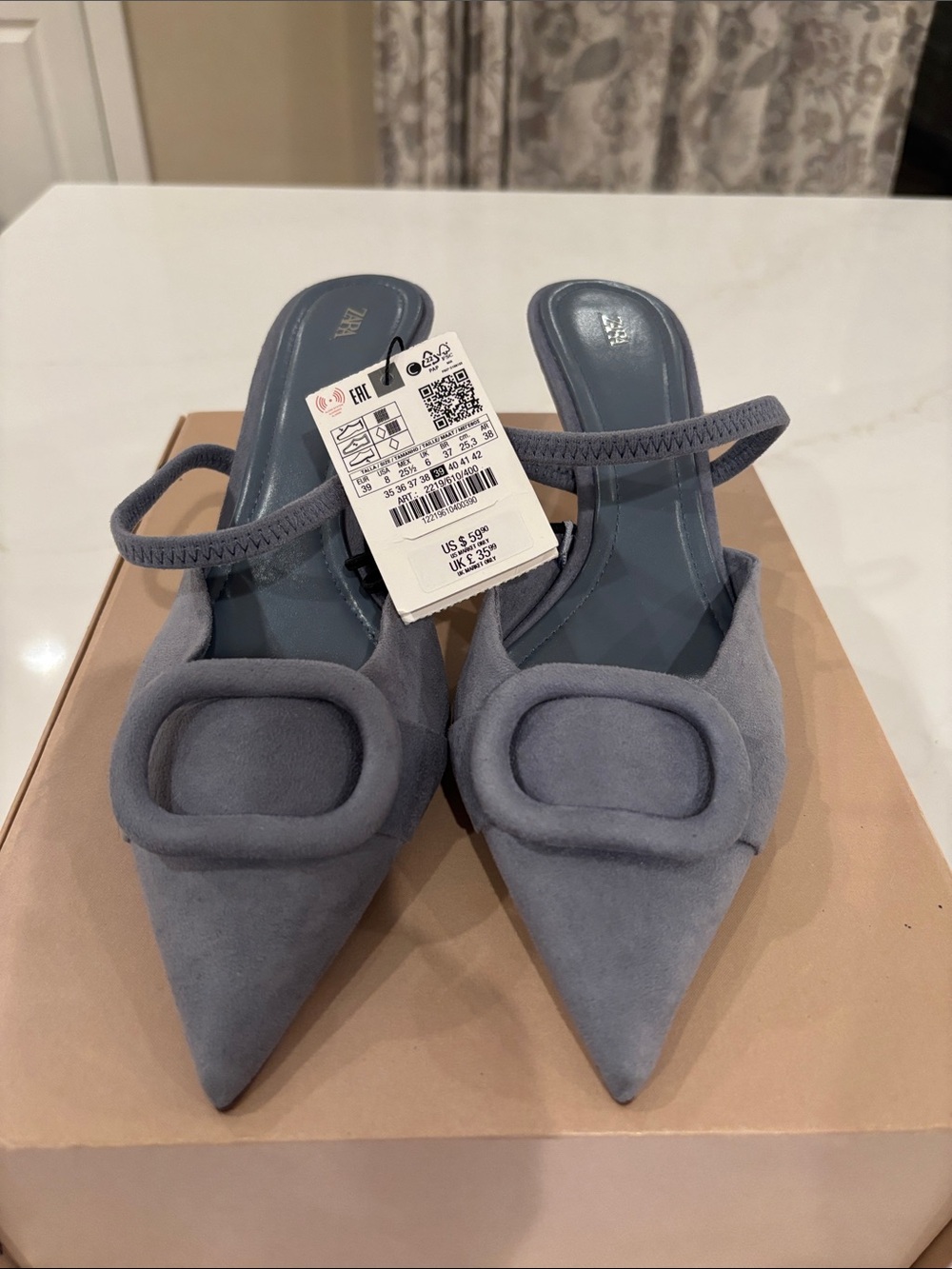 Zara Blue-Gray Pointed Toe Slingback Mules